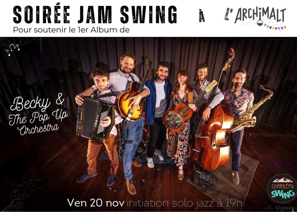 Affiche de la soirée Jam Swing à l'Archimalt avec Becky & the Pop Up Orchestra, vendredi 20 novembre